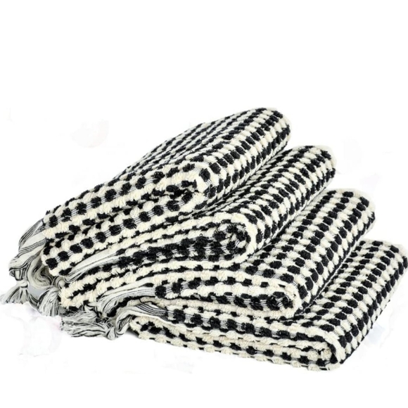 Turkish Spa Hair Peshtemal XL Hand Towel Black Natural White Pom Pom Houndstooth - Picture 7 of 8